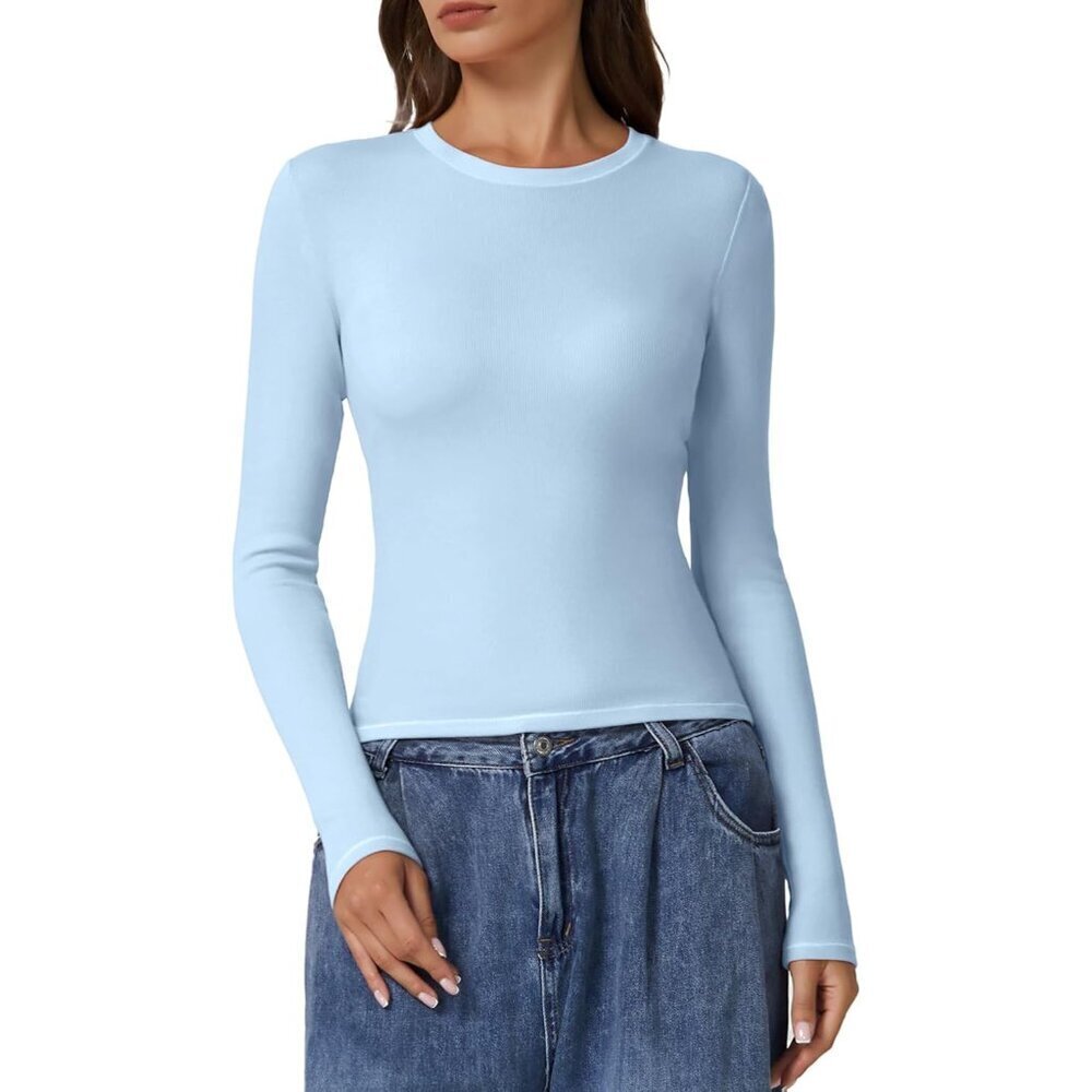 Women’s Rib Knit Long Sleeve Shirt Crewneck Slim Fit Casual Top Sky Blue XS
